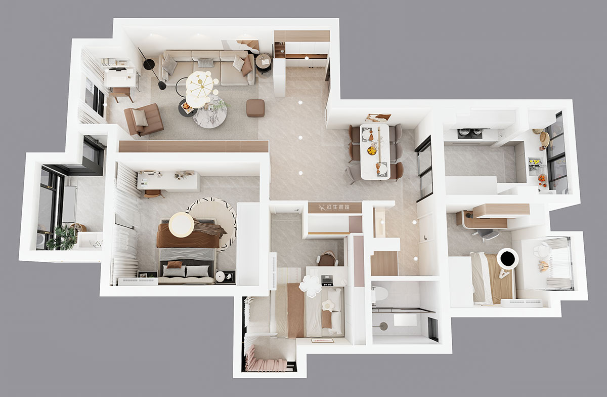 蒋琛｜万达华府西苑6-401-106㎡-现代简约风格｜3室2厅1卫｜老房装修｜定制家｜全包13万｜00_04鸟瞰图